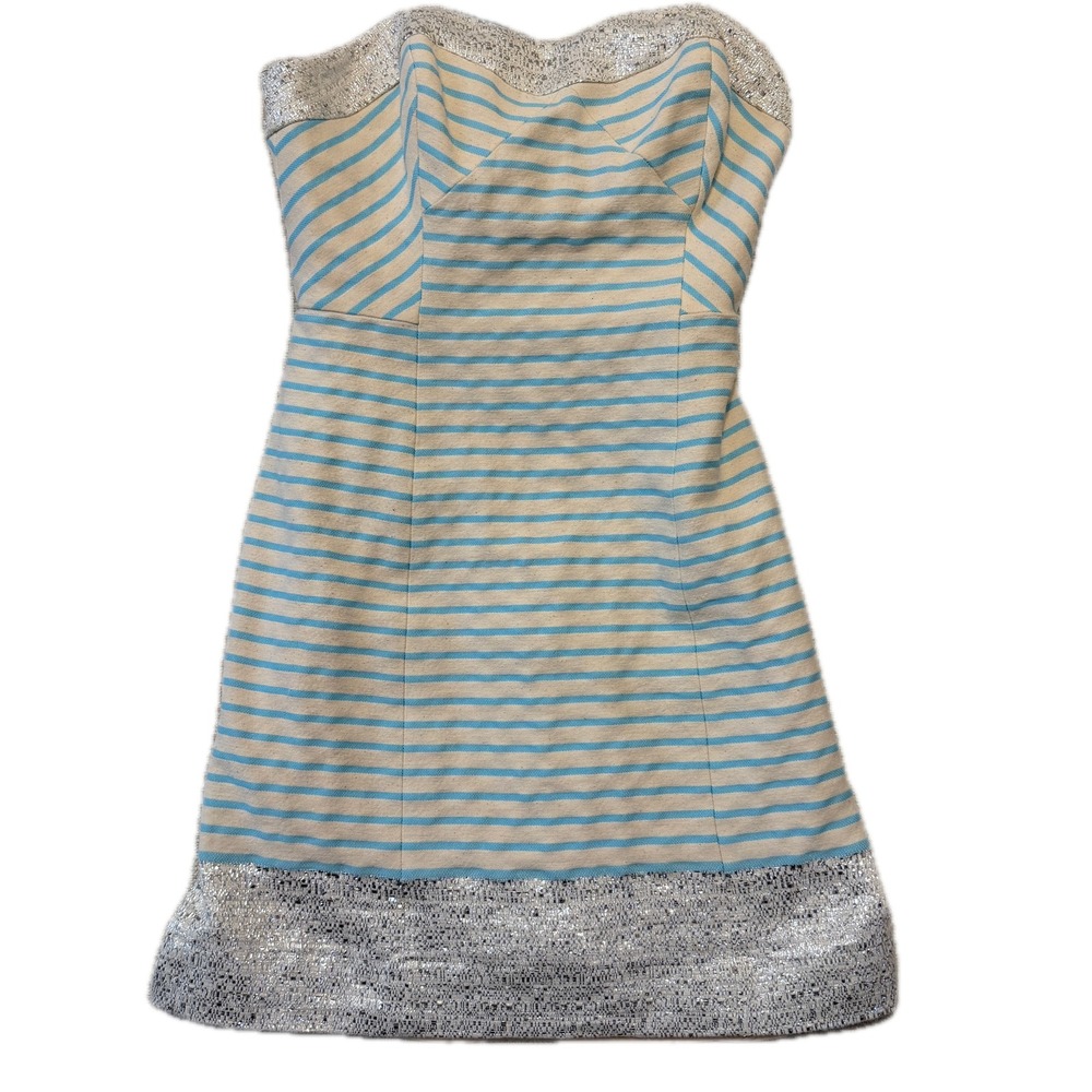LILLY PULITZER Dress Womens 0 Strapless 29777 Blue White Striped Metallic Tweed